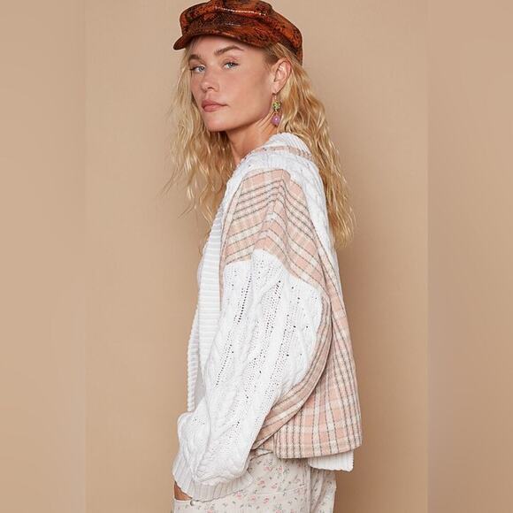 412. POL Women's Cream Pink Plaid Open Cardigan NEW - Picture 4 of 10
